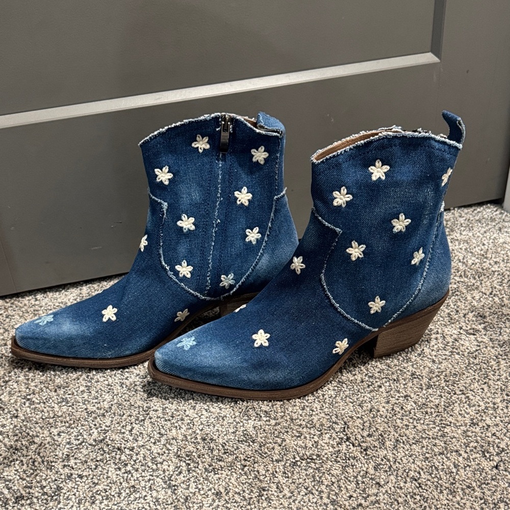 Blue Denim Ankle Boots with Floral Accents - Picture 5 of 11
